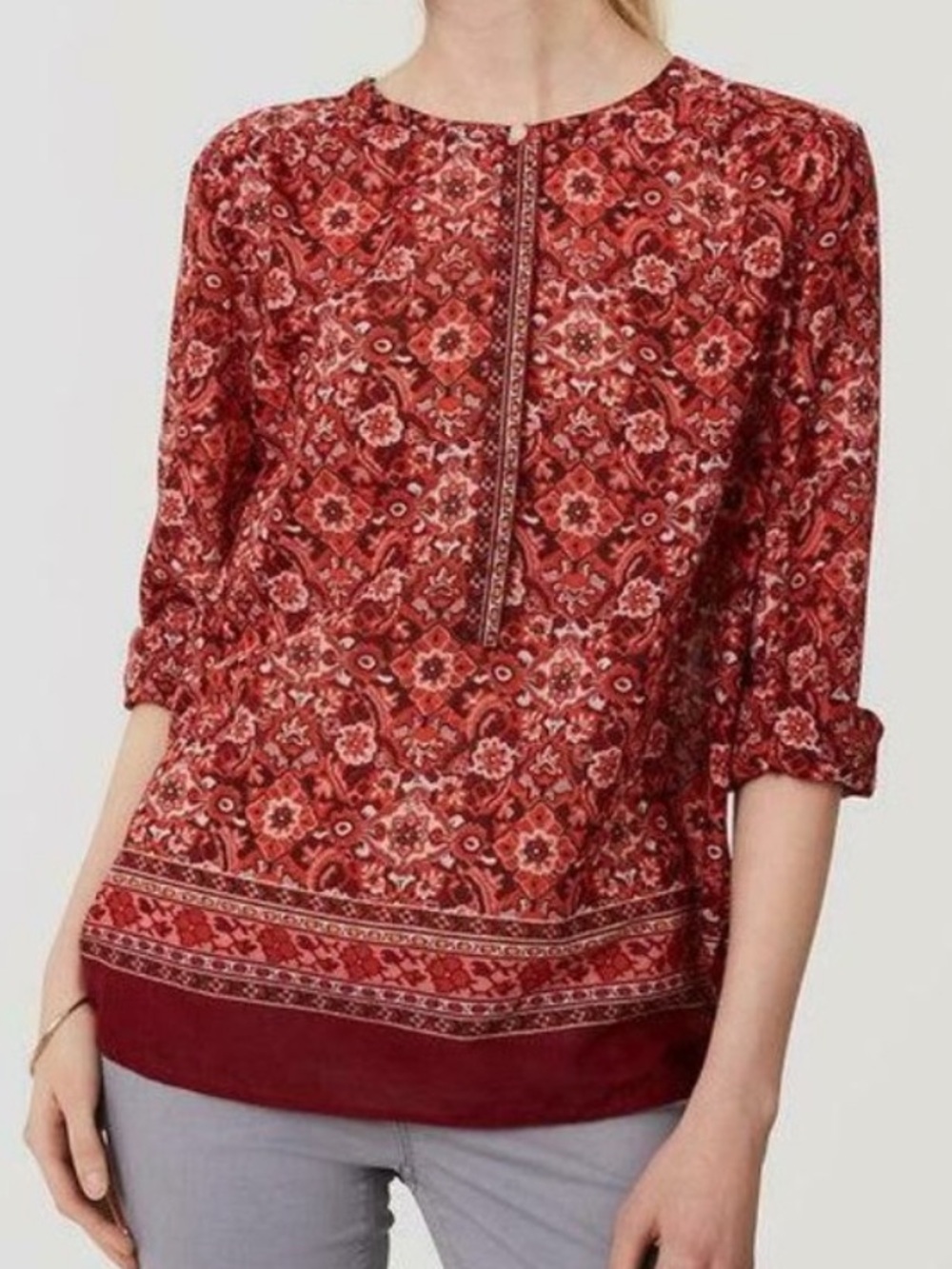 Loft Top Medium Tunic Blouse Red Scarlet Bouquet Henley The Softened Shirt Boho